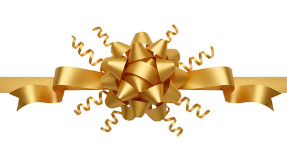 Golden ribbon bow with curly streamers for festive decoration.