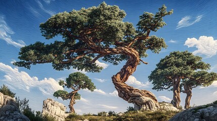Hyper-Realistic Digital Rendering of Tri-Tree Harmony Emphasizing Growth and Resolute Endurance in Nature