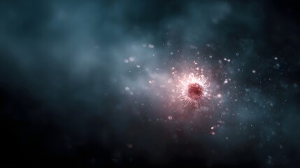 A glowing red microscopic virus or microbe with radiant particles set against a dark hazy abstract background