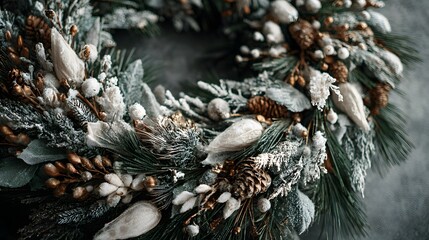 Detailed Overhead Image of a Vintage Rustic Christmas Wreath with Icy Embellishments and Balanced Composition Featuring Extra Space