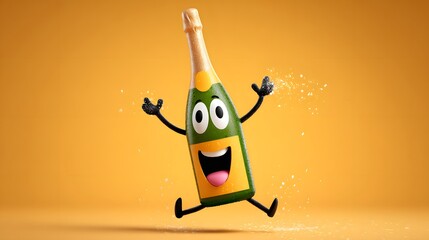 Vibrant Sparkling Wine Bottle Character Radiating Holiday Cheer with Joyful Expressions and Playful Limbs in a Dynamic Vector Artwork
