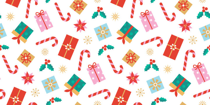 Bright and colourful Christmas Navidad Wrapping paper background banner with candy canes and gifts. Seamless repeating pattern.