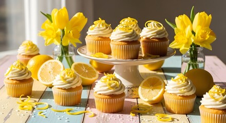 Fresh lemon cupcakes with frosting and zest on pastel table with yellow flowers.