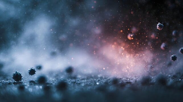 A moody microscopic view of virus like particles floating in a hazy atmospheric environment with dramatic lighting