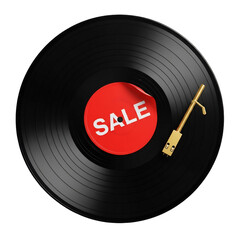 A single, black vinyl record featuring a bright red 'SALE' sticker as its center label, with a golden tonearm and needle resting on the edge. Perfect for retro music sales, entertainment promotions,