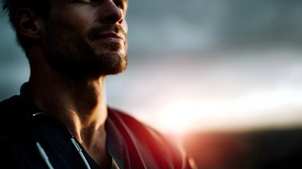 A close up of a male medical professional at sunset with warm light illuminating his determined expression