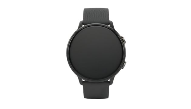 Sleek Black Smartwatch with Round Display and Matching Band.