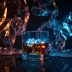 Glass of whiskey with ice cubes and abstract background
