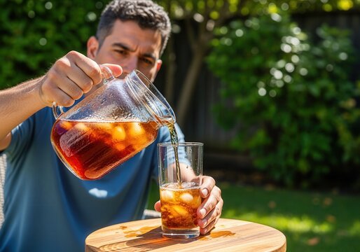 A man pouring iced tea from a glass pitcher into a glass in a sunny garden. Refreshing cold beverage for a hot summer day. Outdoor lifestyle concept