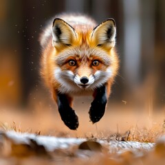 Fototapeta premium Running fox in autumn forest wildlife photography nature environment close-up perspective capturing movement