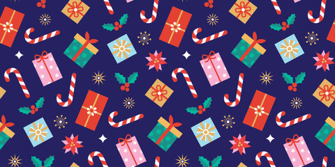 Bright and colourful Christmas Navidad Wrapping paper background banner with candy canes and gifts. Seamless repeating pattern.