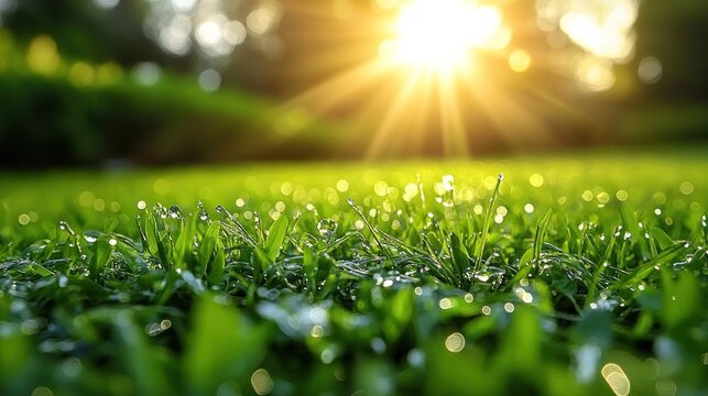 Dewy grass field bathed in sunlight