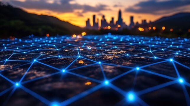 Digital network overlay on city landscape at sunset