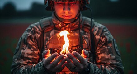 Soldier holding flame symbolic of resilience and hope at dusk