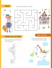Pages for a children's activity book. The theme is a fairytale kingdom. Maze, dot-to-dot, and Finish the picture. Fun activities for preschool and school-age children.