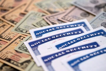 Social security number cards on many US dollar money bills close up