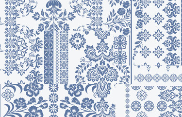 floral pattern vintage ethnic modern embroidery texture boho design vector illustration hand drawn pink flower motif branches leaves wallpaper seamless background border.