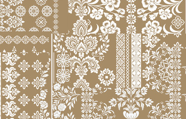 floral pattern vintage ethnic modern embroidery texture boho design vector illustration hand drawn pink flower motif branches leaves wallpaper seamless background border.