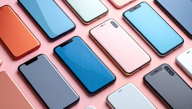 Assorted Color Smartphones Arranged in a Grid Pattern on a Pastel Pink Background Demonstrating Technological Variety and Modern Design