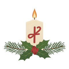 Christmas candle with pine leaves holly berries isolated on a transparent background image