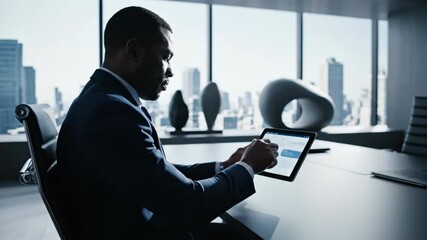 Professional businessman analyzing stock market chart on tablet in modern office. Financial expert checking investment data with city view - Powered by Adobe