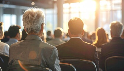 Fototapeta premium Audience watching a presentation with bright sunlight streaming through windows creating a dramatic atmosphere