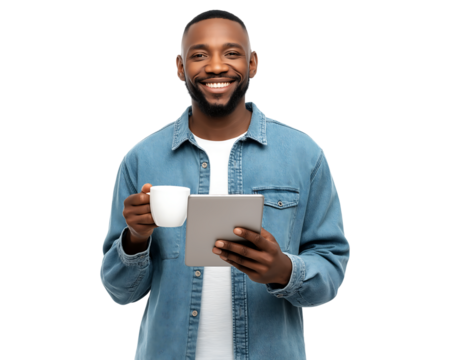 Happy Black Man Holding Tablet and Coffee Mug isolated on a transparent background