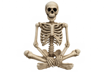Human skeleton sitting in a yoga lotus pose, showing concept of meditation, anatomy, body, and death. Transparent background