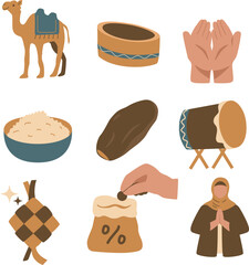 Ramadan Islamic Icon Set — Camel, Date, Prayer, Drum, Zakat, Mosque Cap, Ketupat, Muslim Woman Illustration