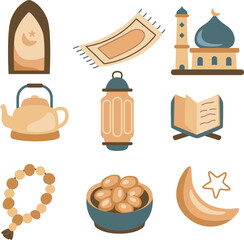 Ramadan Islamic Icon Set — Mosque, Quran, Prayer Mat, Lantern, Dates, Tasbih, Crescent Moon, Tea Pot Illustration
