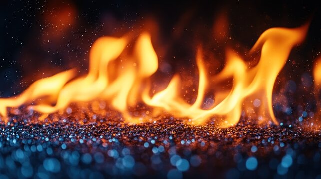 Fiery flames dance over a bed of sparkling glitter