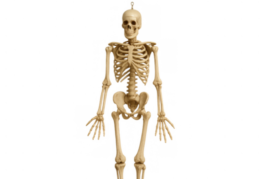 Human skeleton model on transparent background showcasing skull, rib cage, and bones for anatomy and medical study