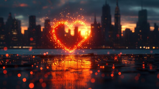 Fiery heart over city skyline at dusk