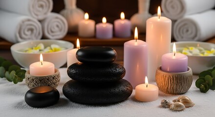 Spa relaxation scene with candles towels and hot stones on white surface