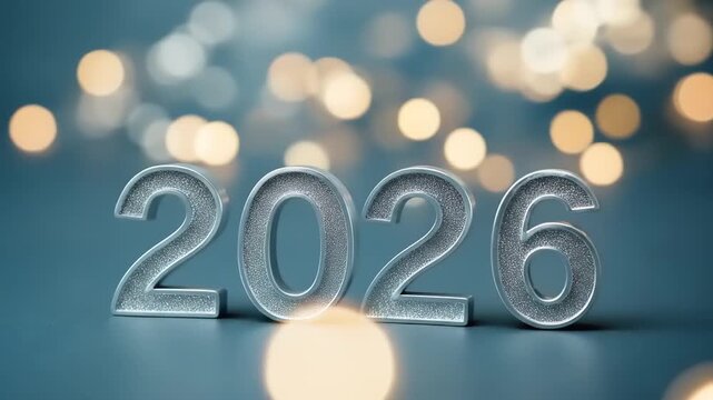 Three dimensional silver numbers displaying year twenty twenty six against blue bokeh background