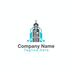 Obraz premium A modern logo merging a skyscraper with circuit lines, symbolizing innovation, smart infrastructure, and the connection between architecture and technology.