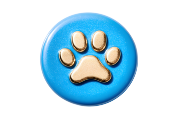 Golden paw print on a bright blue oval background