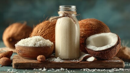 Fototapeta premium Coconut milk in glass bottle with shredded coconut on wooden board