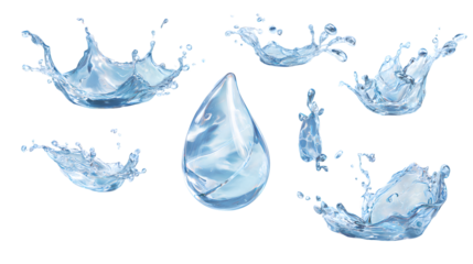 Collection of realistic water splashes and a large water drop isolated on black