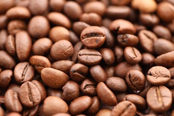 Big pile of fresh roasted brown coffee beans as flat background photo image with visible details close up