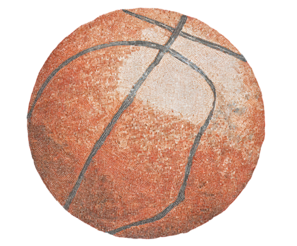Close up textured detail of a vintage basketball against a dark background