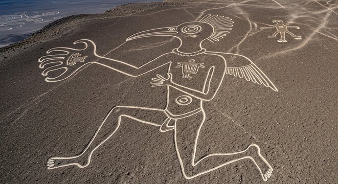 Mysterious birdman geoglyph of Nazca lines ancient drawing in the desert landscape aerial view