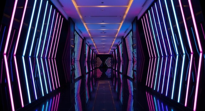 Futuristic luminous corridor with mirrored reflections of vibrant neon lights creates dynamic