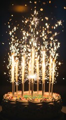 Sparkling birthday cake with fireworks against dark background
