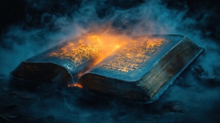 Ancient open book burning mystic scene