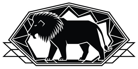 Majestic black lion silhouette captured within a modern, angular geometric frame, a powerful and elegant vector illustration suitable for branding, emblems, and striking graphic design