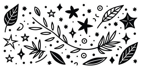 Whimsical black and white vector doodle set featuring an array of enchanting leaves, sparkling stars, and abstract organic shapes for creative design projects and decorative accents