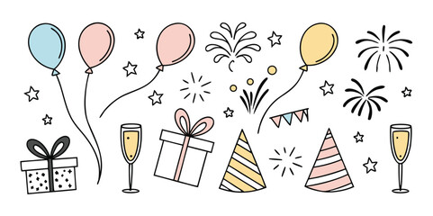 Celebration and Party Vector Doodles - Gift Boxes, Balloons, Hats, and Fireworks