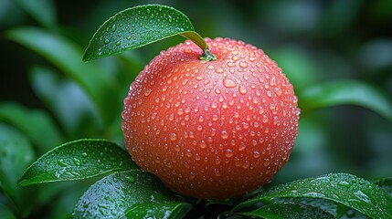 Obraz premium Fresh red apple with water droplets on branch