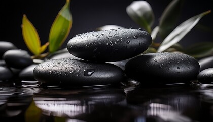 close up of smooth black zen stones with water droplets on dark reflective surface spa and wellness concept with natural side light